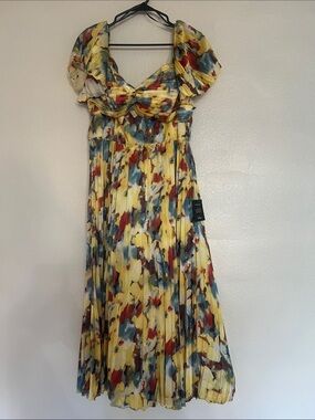 Lulu's Yellow Multicolor Pleated Midi Dress with Ruffle Sleeves